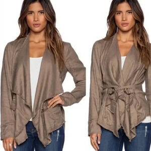 Free People Raw Linen Blend Tan Open Drapey Cardigan Front Buckle XS